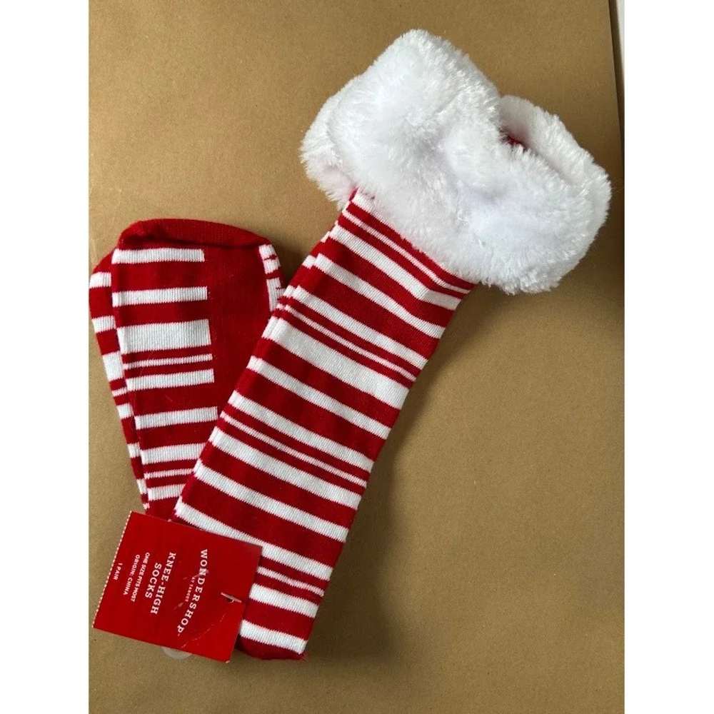 Wondershop Target Red White Striped Knee High Socks Faux Fur Trim Nice Naughty